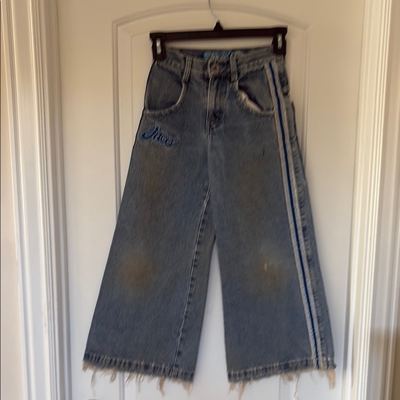 JNCO Blue and White Wide-Leg Cropped Jeans